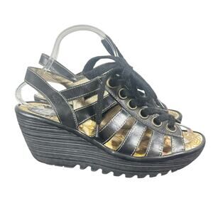 FLY London Wedge Sandals Sz 38 US 7 1/2-8 Lace-Up Gladiator Black Leather Yito